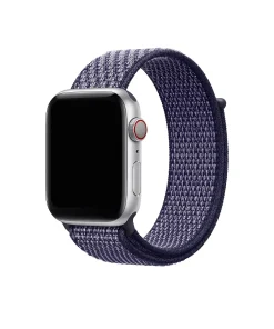 Apple Watch silver case with purple sport loop fabric band