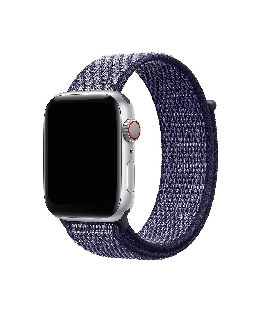 Apple Watch silver case with purple sport loop fabric band