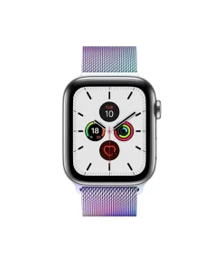 Apple Watch with rainbow gradient Milanese loop band and fitness complications display
