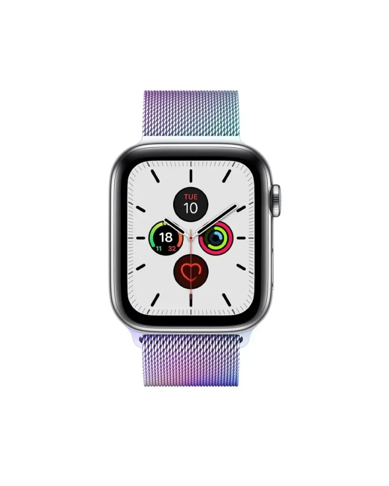Apple Watch with rainbow gradient Milanese loop band and fitness complications display