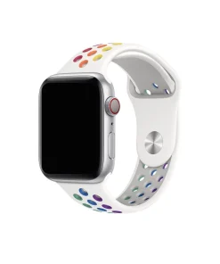 Apple Watch with white silicone sport band featuring colorful rainbow pride dot pattern