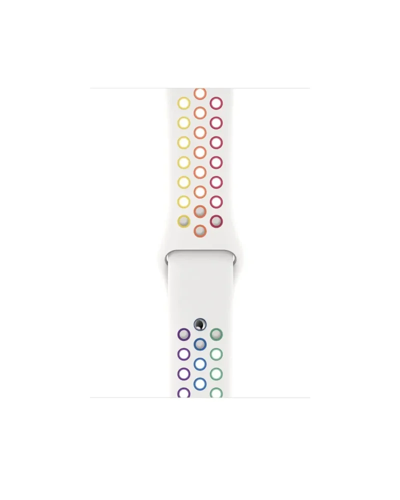 White sport band with colorful rainbow pride rings for Apple Watch