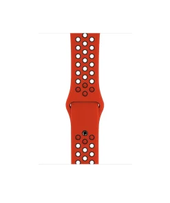 Red sport watch band with perforated ventilation holes and black accents
