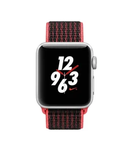 Apple Watch silver aluminum case with red black sport loop band