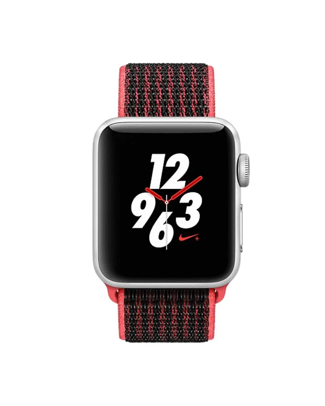 Apple Watch silver aluminum case with red black sport loop band