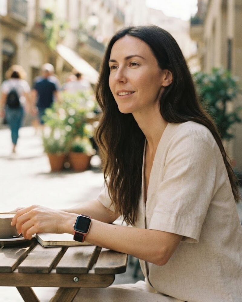 Woman wearing red black sport loop smartwatch on outdoor bench