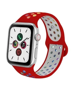Red and gray perforated sport band for smartwatch with colorful ventilation holes