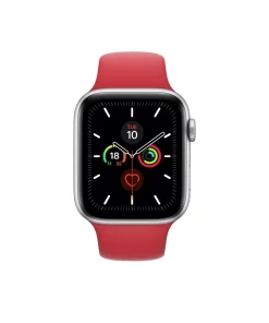 Red sport band smartwatch with silver case and fitness tracking display