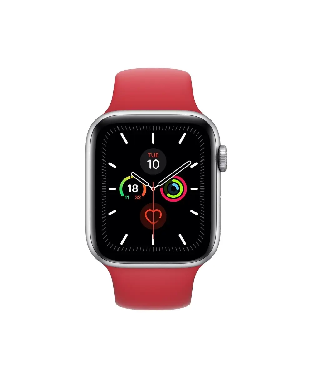 Red sport band smartwatch with silver case and fitness tracking display