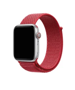Silver aluminum Apple Watch with red fabric sport loop band