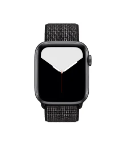 Black smartwatch with reflective sport loop band and minimalist watch face