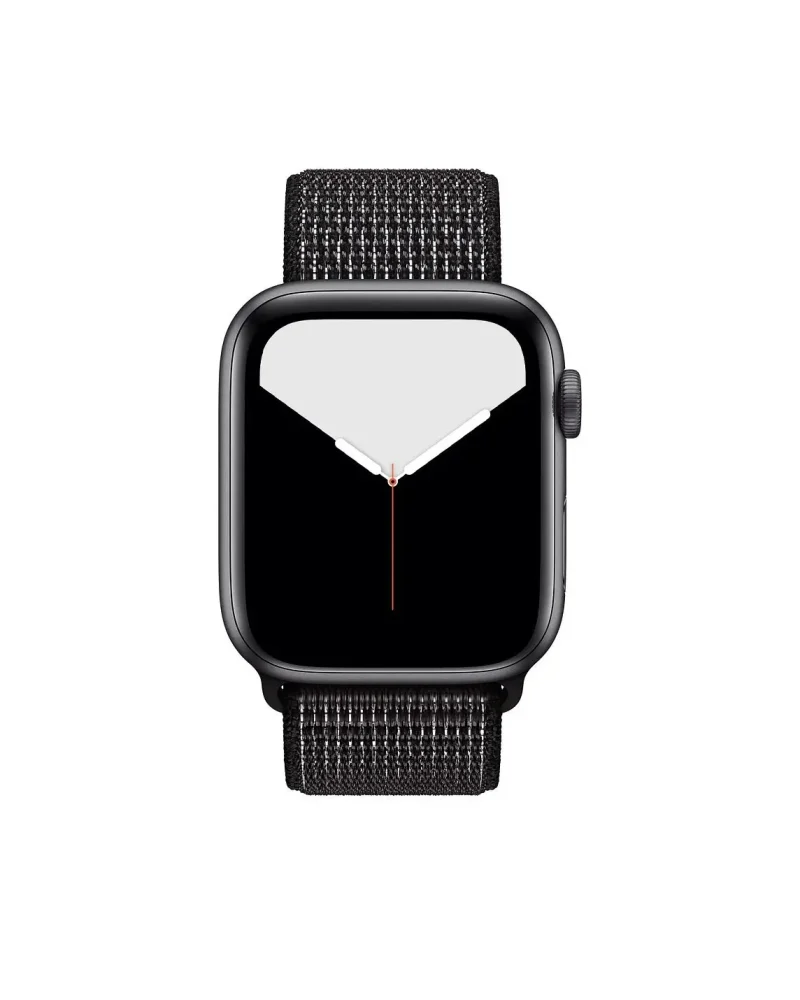 Black smartwatch with reflective sport loop band and minimalist watch face