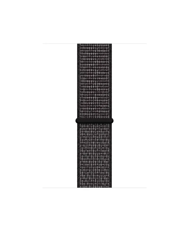 Black woven sport loop watch band with reflective details and connector