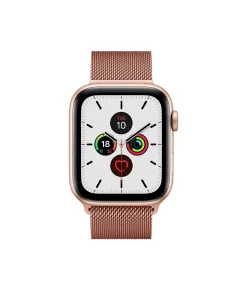 Rose gold Apple Watch with Milanese loop mesh band and white dial