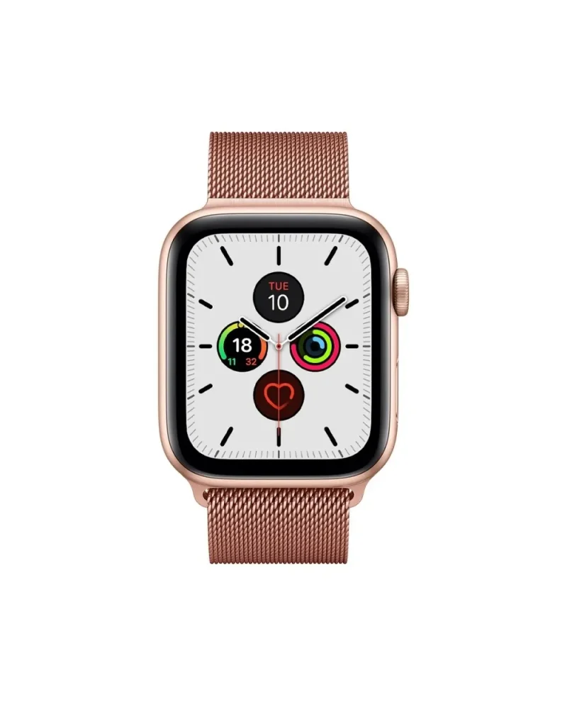 Rose gold Apple Watch with Milanese loop mesh band and white dial