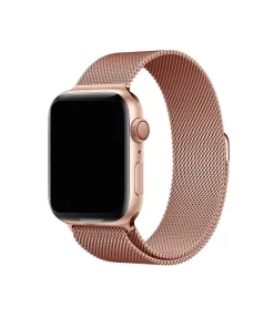 Rose gold Apple Watch with Milanese Loop mesh band and digital crown