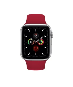 Silver smartwatch with rose red sport band displaying fitness tracking features