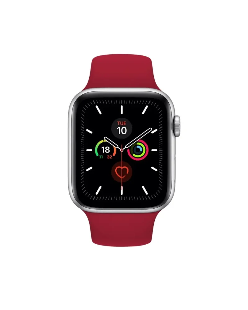 Silver smartwatch with rose red sport band displaying fitness tracking features