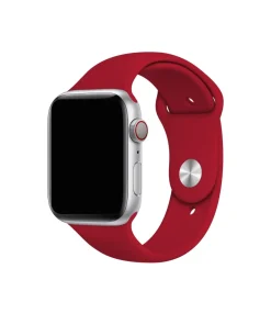 Silver smartwatch with rose red silicone sport band and digital crown