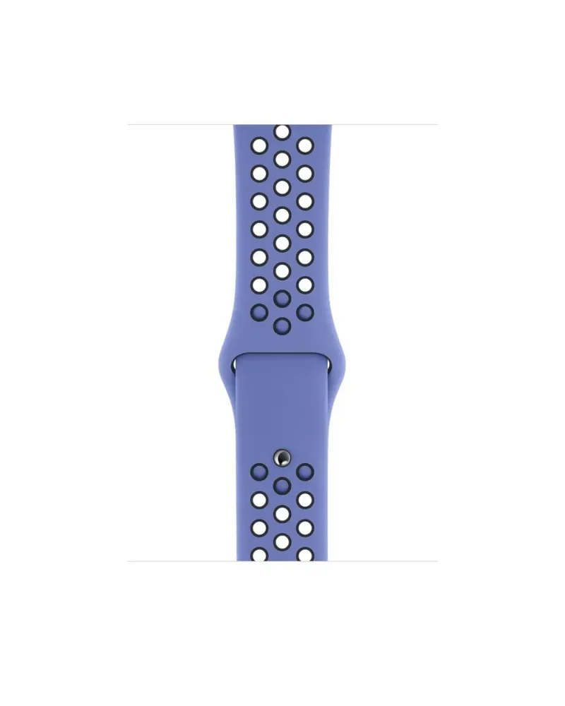Blue perforated silicone sports watch band with ventilation holes and connector