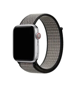Apple Watch silver aluminum with gray sport loop band and red digital crown