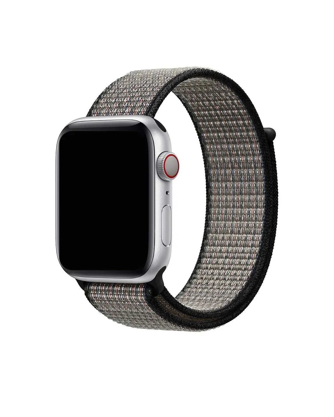 Apple Watch silver aluminum with gray sport loop band and red digital crown