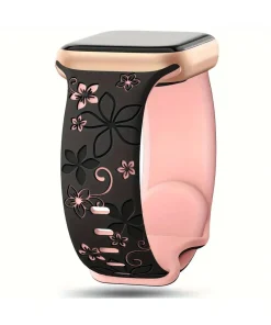 Sakura floral sport band for smartwatch with black and pink silicone design