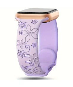 Lavender floral silicone smartwatch band with rose gold connector
