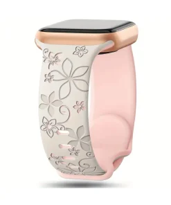 Pink floral smartwatch band with rose gold connector and black watch face