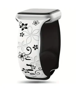 Floral smartwatch band white black with decorative flower vine design pattern