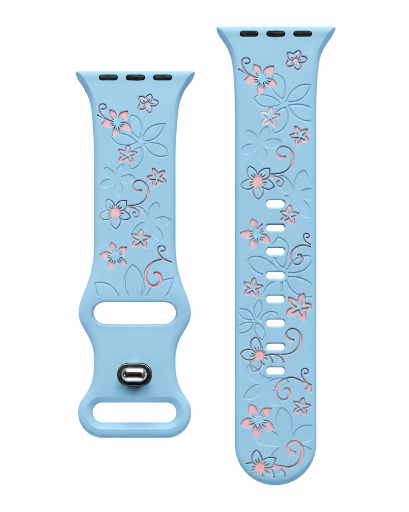 Light blue Apple Watch band with pink floral Sakura design pattern