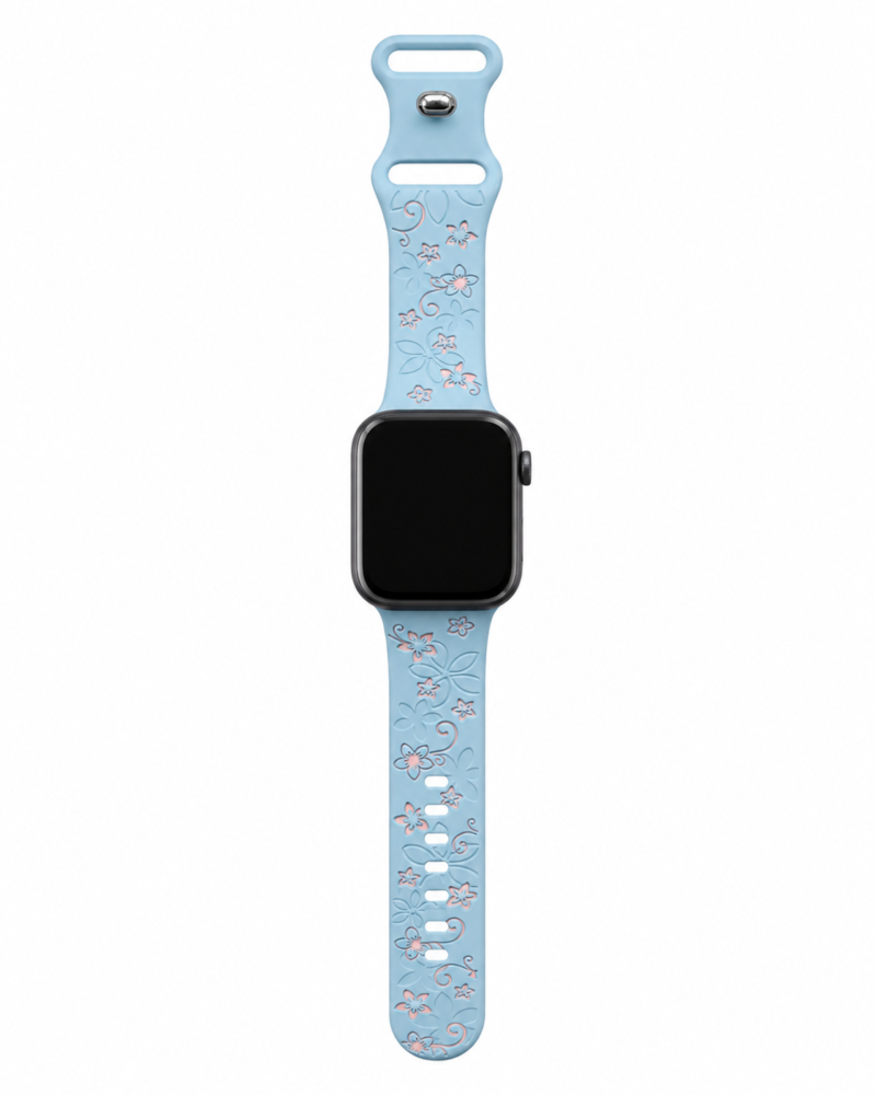 Apple Watch sport band light blue with pink floral embossed design pattern