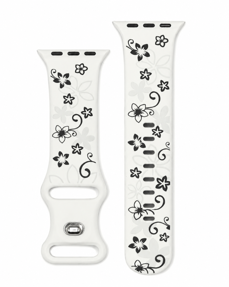 White floral Apple Watch band with black flower and vine design pattern