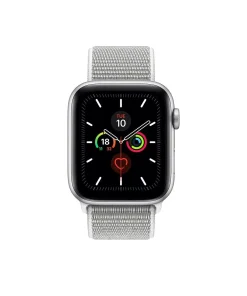 Silver aluminum smartwatch with white sport loop band displaying fitness rings