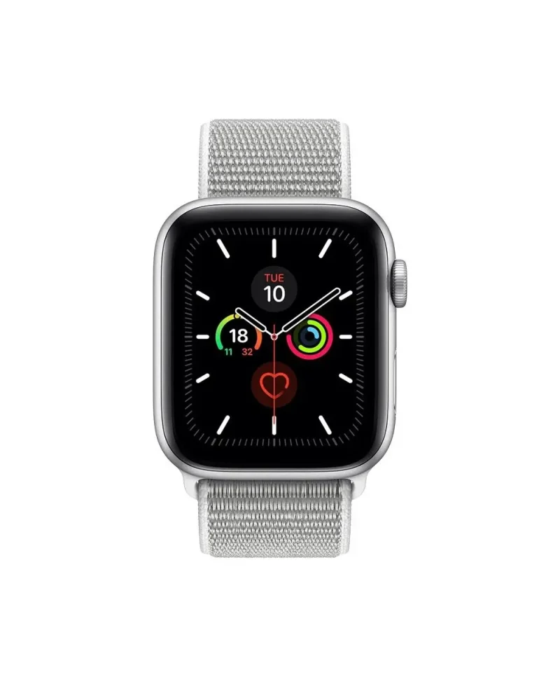 Silver aluminum smartwatch with white sport loop band displaying fitness rings