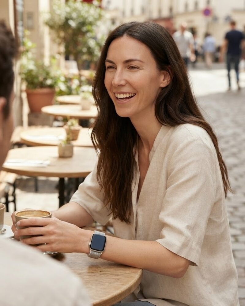 Woman wearing seashell sport loop smartwatch at outdoor café table