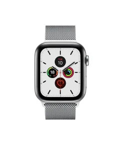 Silver stainless steel smartwatch with Milanese mesh band and fitness tracking rings