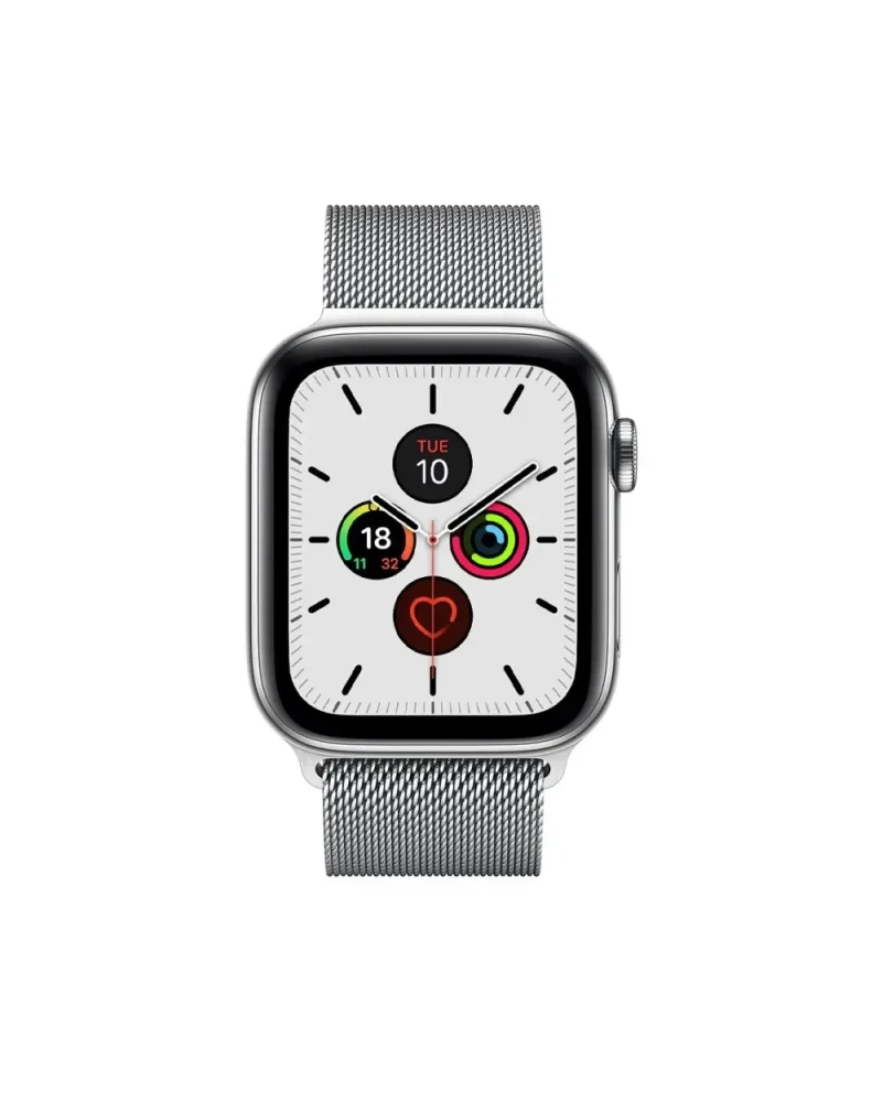 Silver stainless steel smartwatch with Milanese mesh band and fitness tracking rings