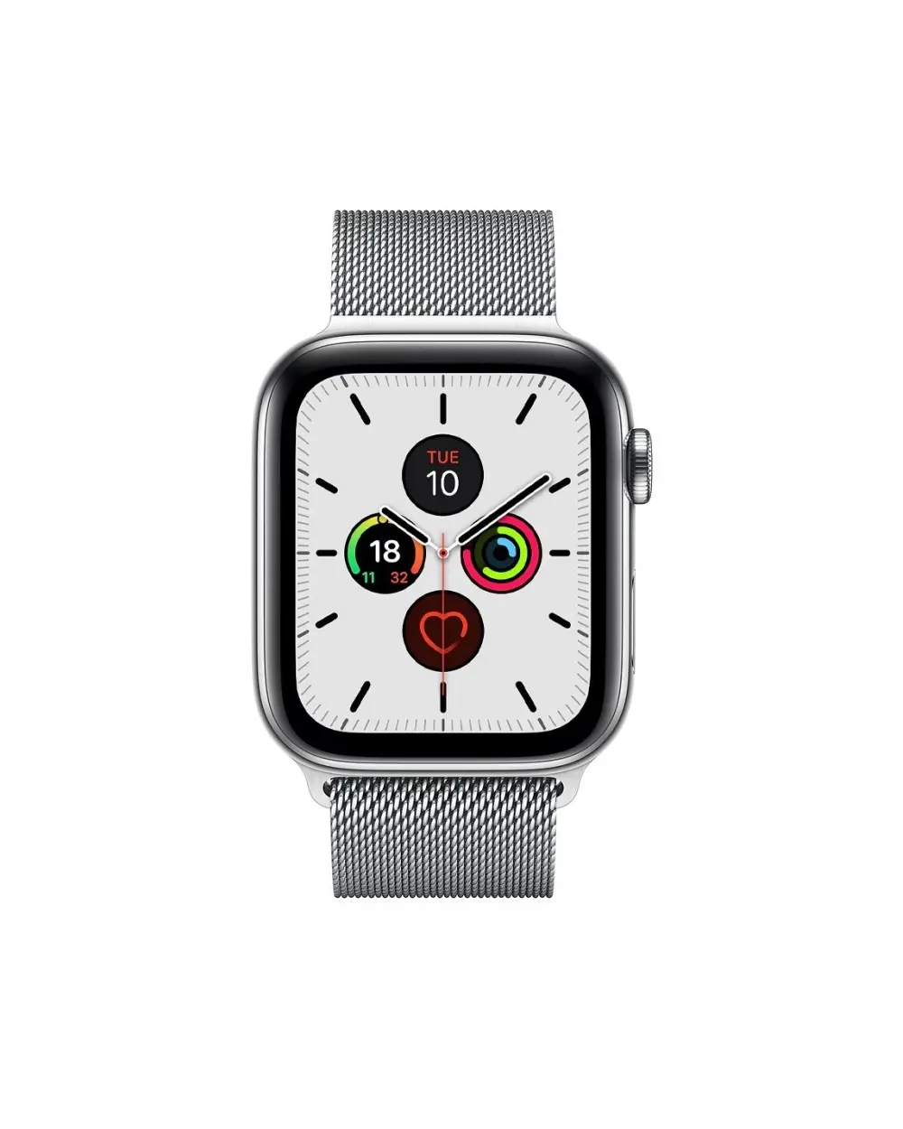 Silver stainless steel smartwatch with Milanese mesh band and fitness tracking rings