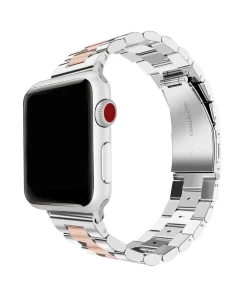 Stainless steel smartwatch with black dial and rose gold metal band