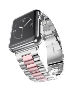 Stainless steel smartwatch band with silver and rose pink links