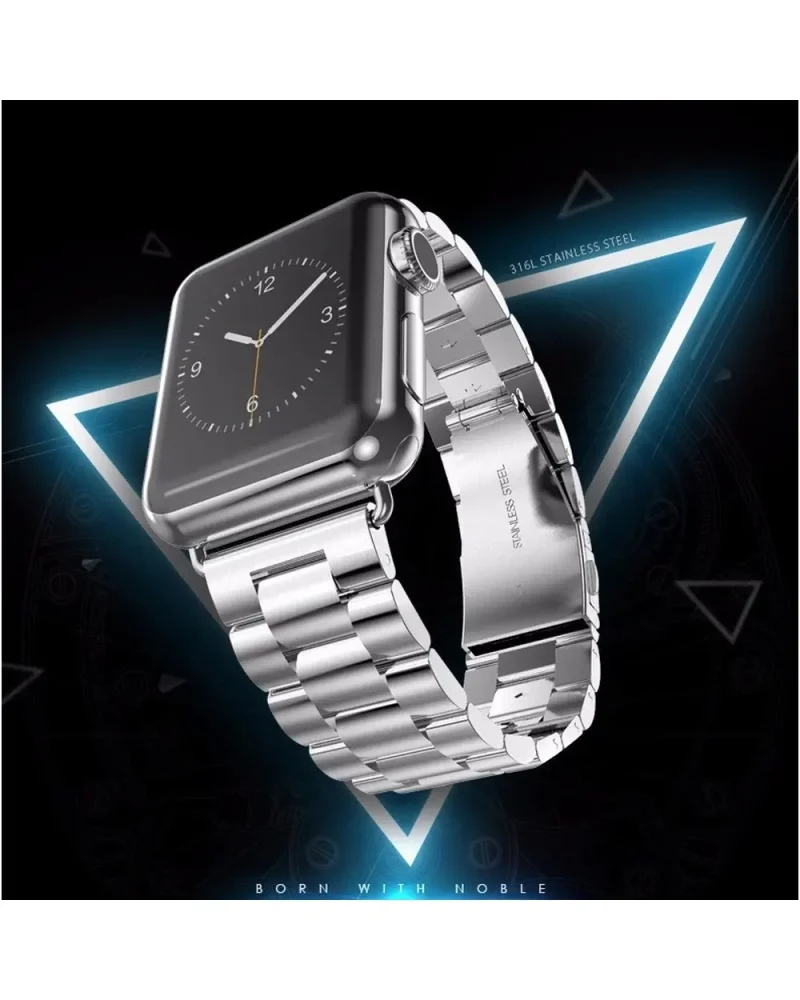 Silver stainless steel smartwatch band with classic square face design