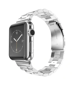 Silver stainless steel smartwatch with rectangular face and metal band