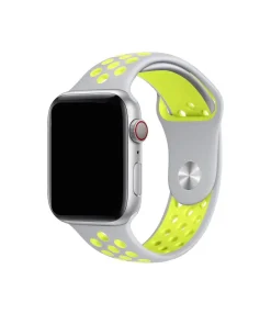Silver and neon yellow sport smartwatch band with ventilation holes for active wear