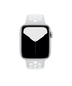 Silver aluminum Apple Watch with white sport band and minimalist watch face display