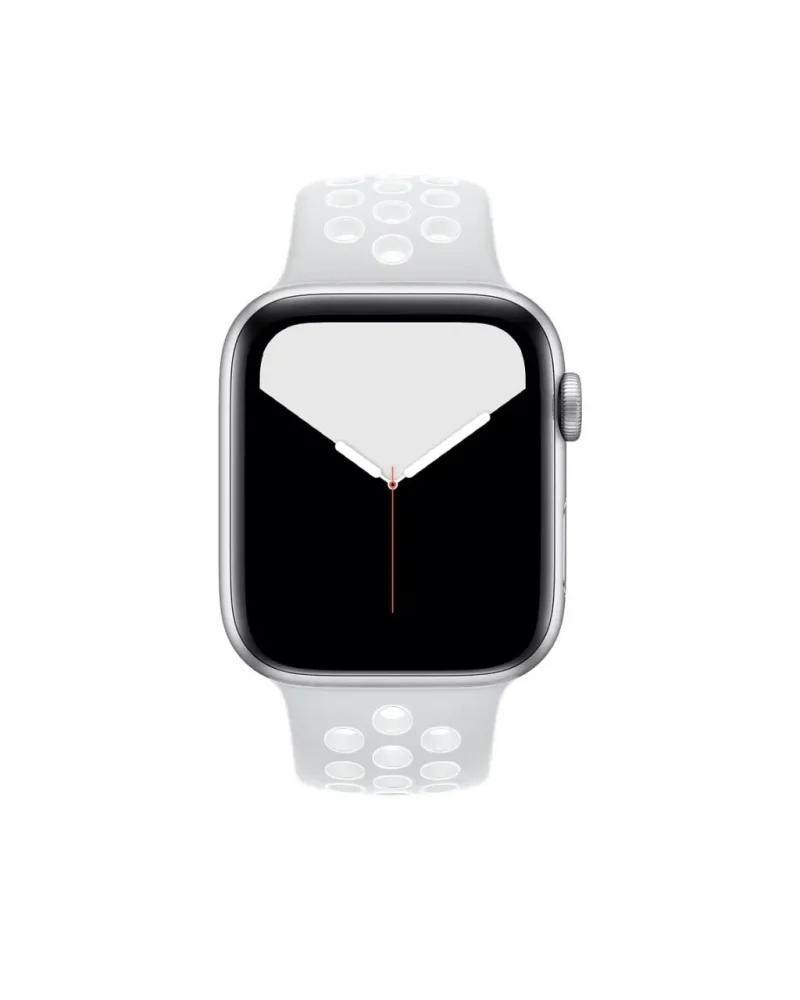 Silver aluminum Apple Watch with white sport band and minimalist watch face display