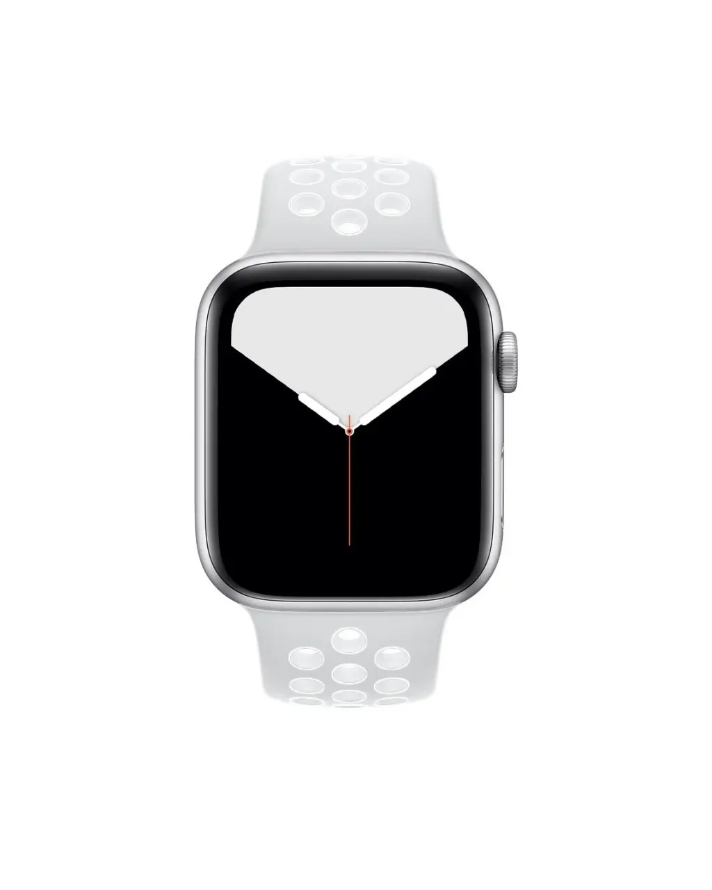 Silver aluminum Apple Watch with white sport band and minimalist watch face display