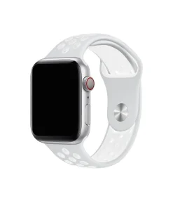 Silver Apple Watch with white sport band and red digital crown button