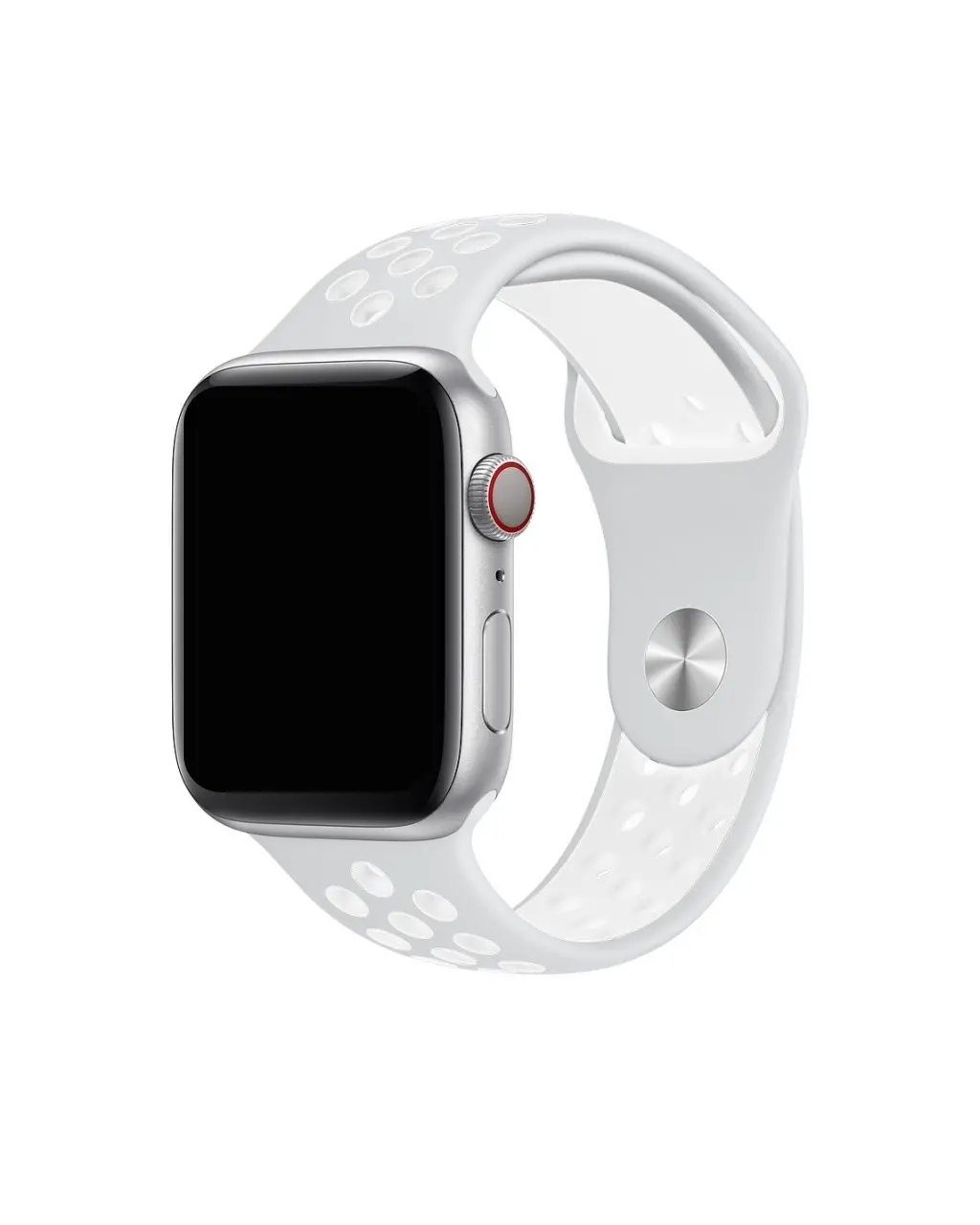 Silver Apple Watch with white sport band and red digital crown button