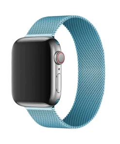 Smartwatch with sky blue woven mesh band and stainless steel case